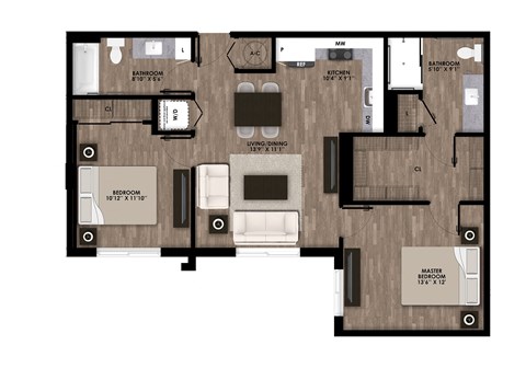 Floor plan for 2 beds, 2 baths, 970 sqft